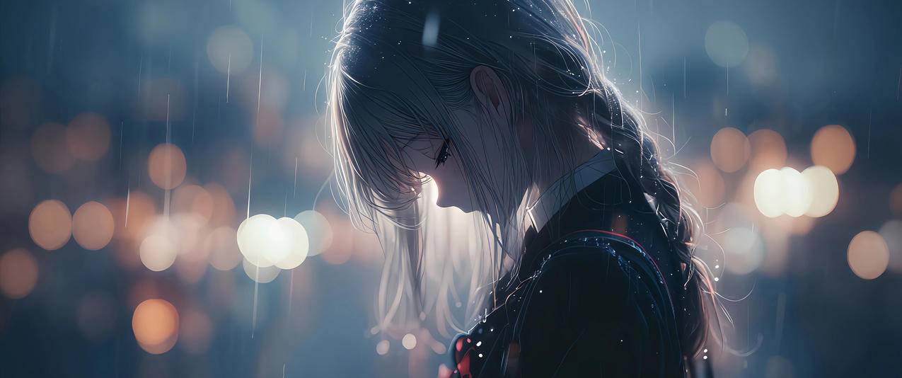 双马尾少女 夜景 灯光 雨中 3440x1440带鱼屏动漫壁纸