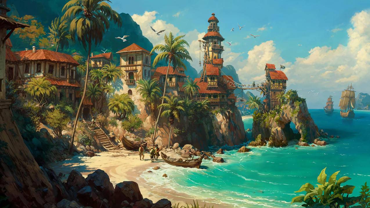 《Forge of Empires》绘画 海岸 棕榈树 海 帆船 4k游戏风景壁纸 3840x2160