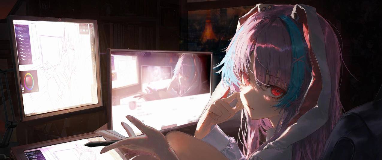 女画师 红色眼睛 画画 3440x1440带鱼屏动漫壁纸