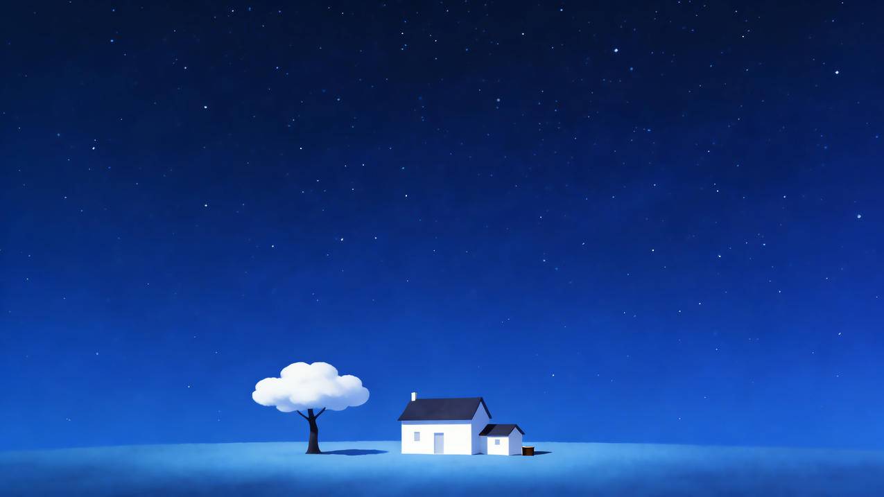星空 小屋 小树 简单风景4k壁纸