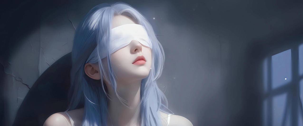 美女白衣服 眼罩 蒙眼 蓝发美女 3440x1440带鱼屏动漫壁纸
