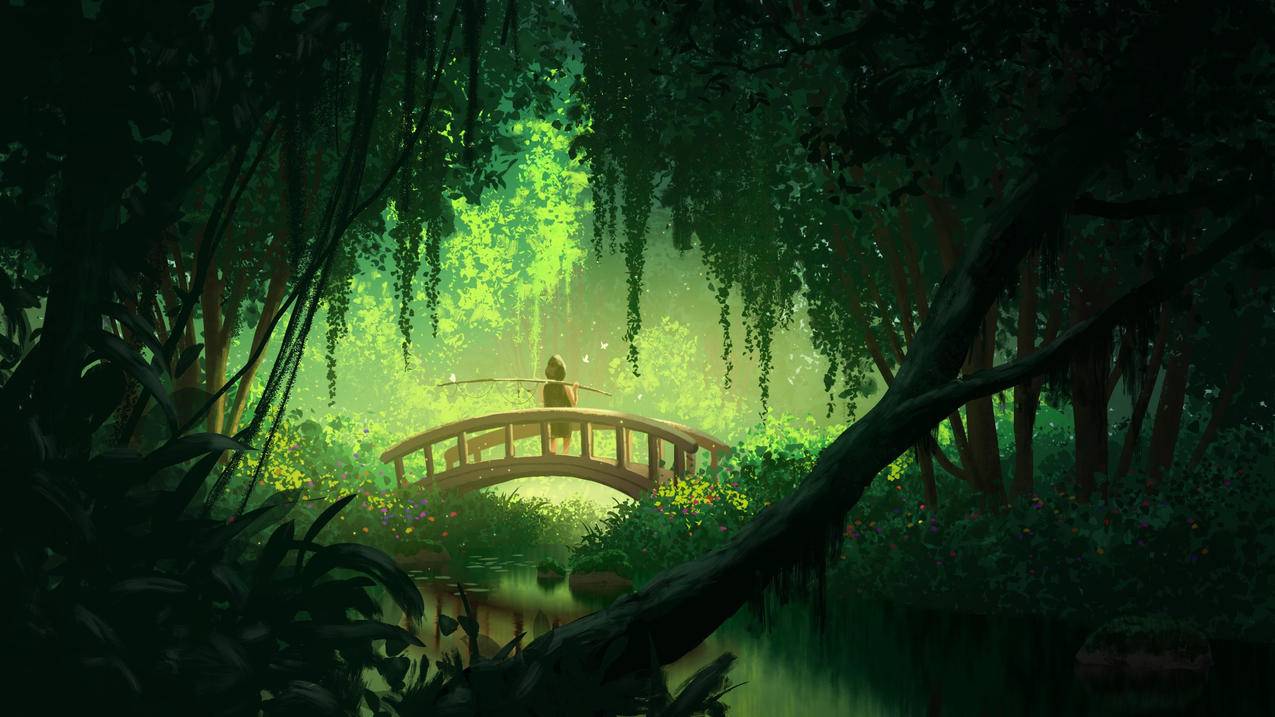 绿色森林 桥梁 人物 河流 水 花朵 绘画 4K风景壁纸