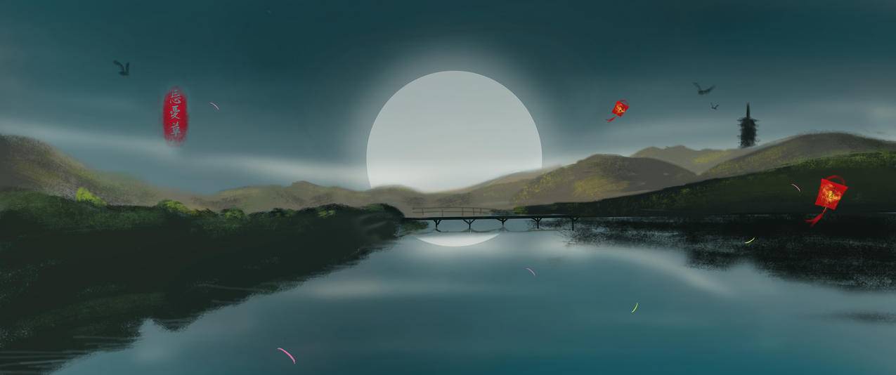 七夕 厚涂 山水画 忘忧草 3440x1440带鱼屏风景壁纸