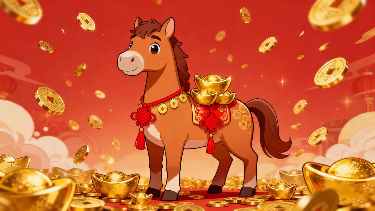 2026马年 马年有钱 元宝 金币 红色喜庆背景4k壁纸