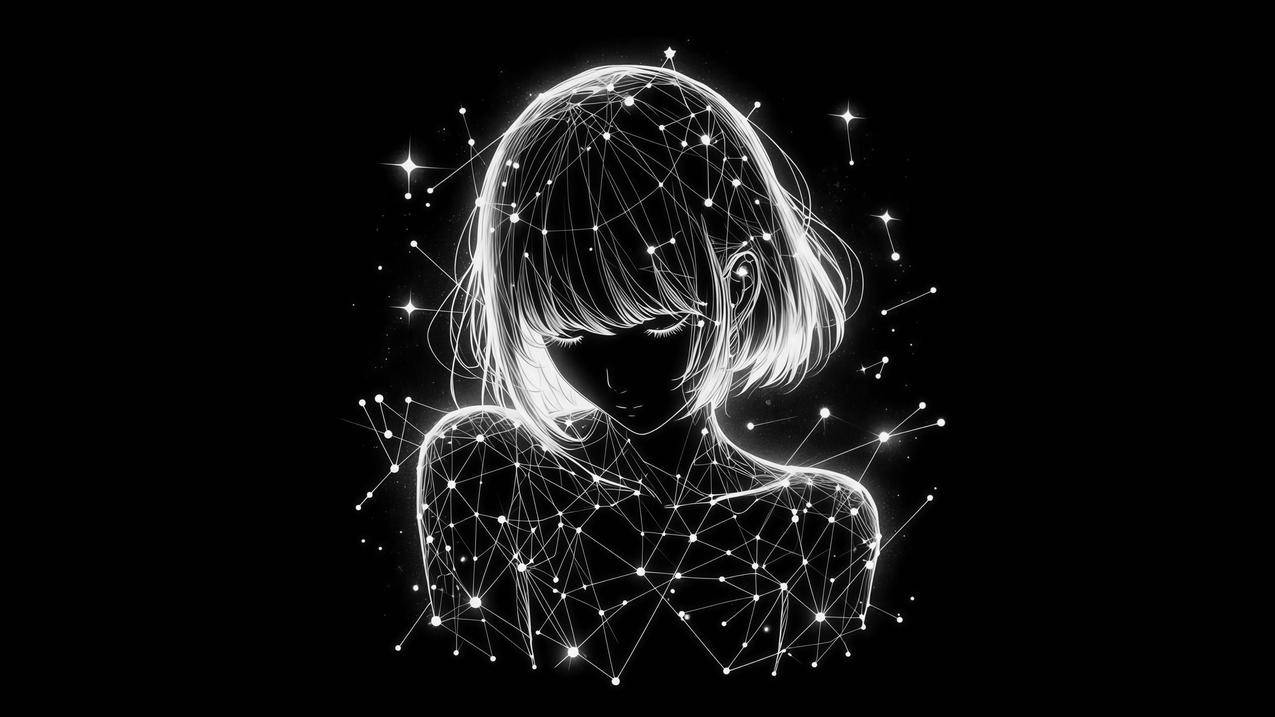 星光女孩 星座 连线 星点 短发剪影线条女孩 暗黑背景 4K壁纸