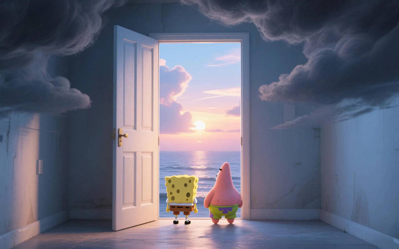 海绵宝宝和派大星 背影 门 大海 3K车机壁纸下载3200x2000