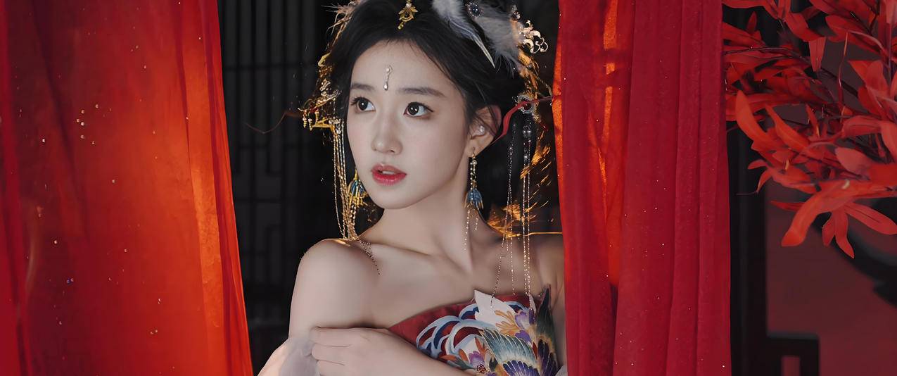 黄玉瑶 红色婚服美女3440x1440带鱼屏壁纸