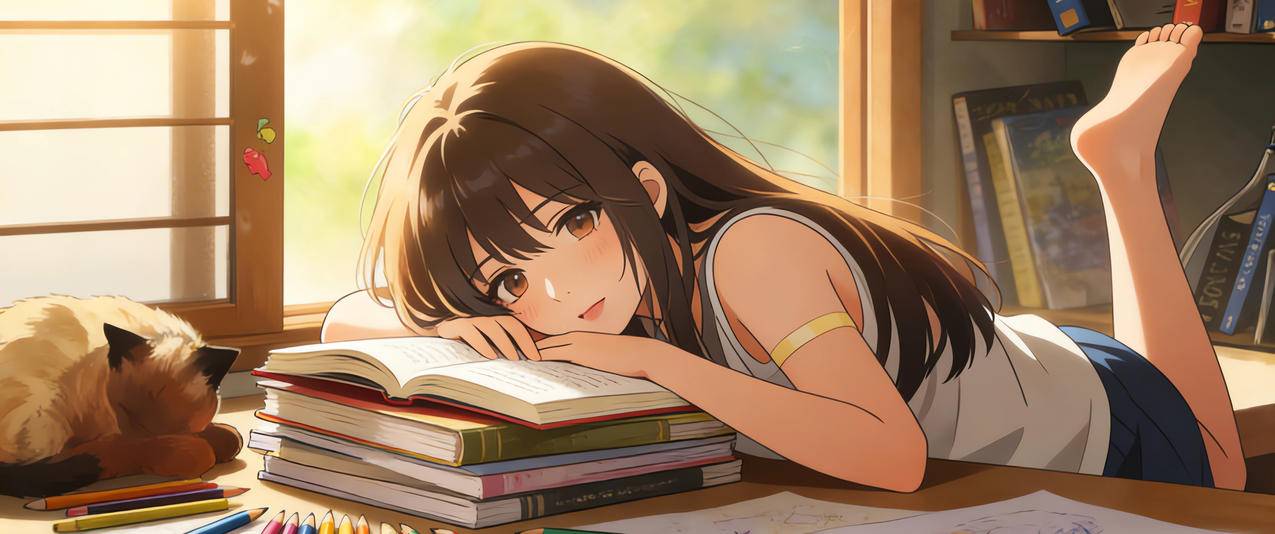 书房 长发女孩 书桌 书本 窗 3440x1440带鱼屏动漫壁纸