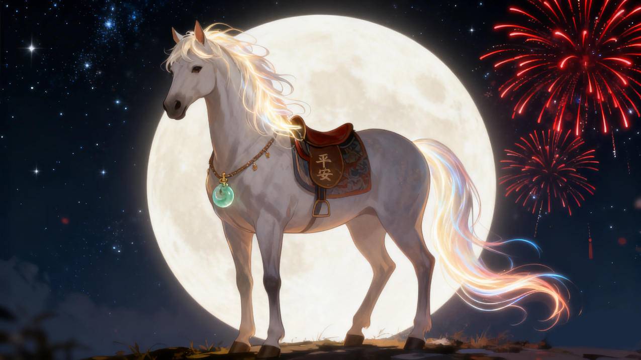 2026马年图片 马年平安 月亮 烟花 4K壁纸3840x2160
