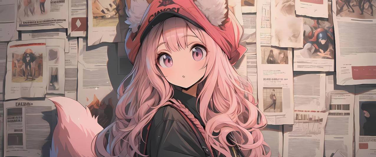 报纸墙 可爱小女孩 粉色长发 3440x1440带鱼屏壁纸