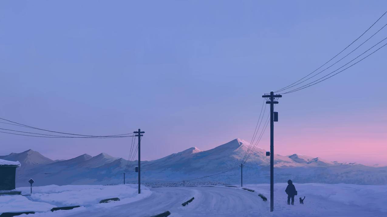 插图绘画风景 冬季 山脉 雪 道路 一个人 猫 电线杆 4K壁纸