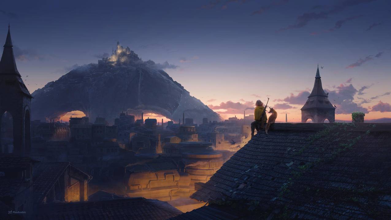 插图 绘画 屋顶 女孩 狐狸 城堡 日落 4k壁纸