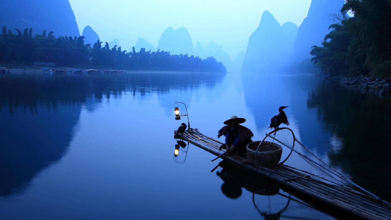 山水风景 竹排 河水 4k风景壁纸