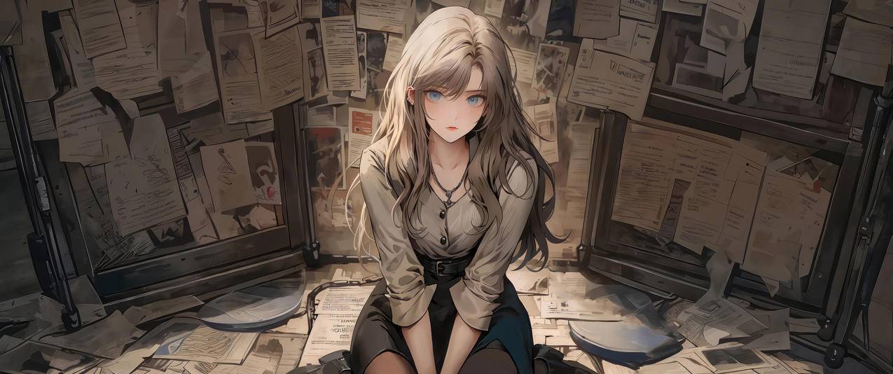 漂亮美女 坐地板 报纸墙背景 3440x1440带鱼屏壁纸