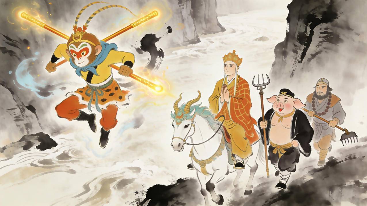 悟空师徒四人 西天取经 4k水墨风