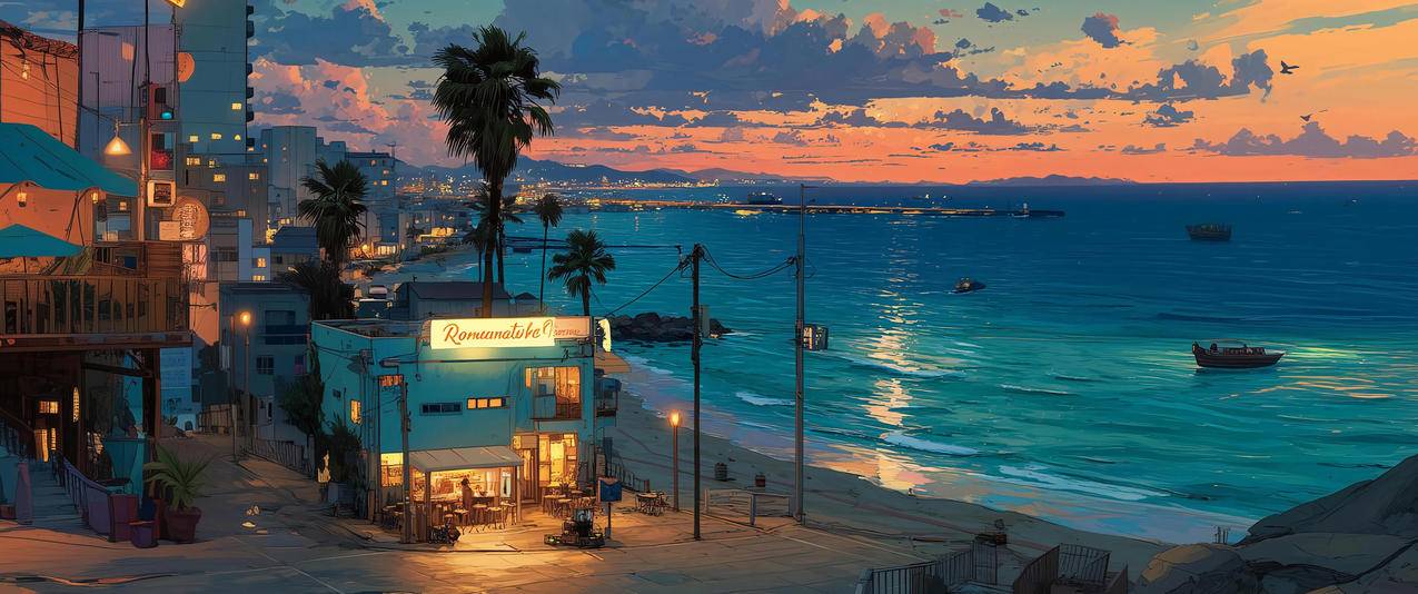 海滨小城 云彩 夜晚 夜景 3440x1440带鱼屏风景壁纸