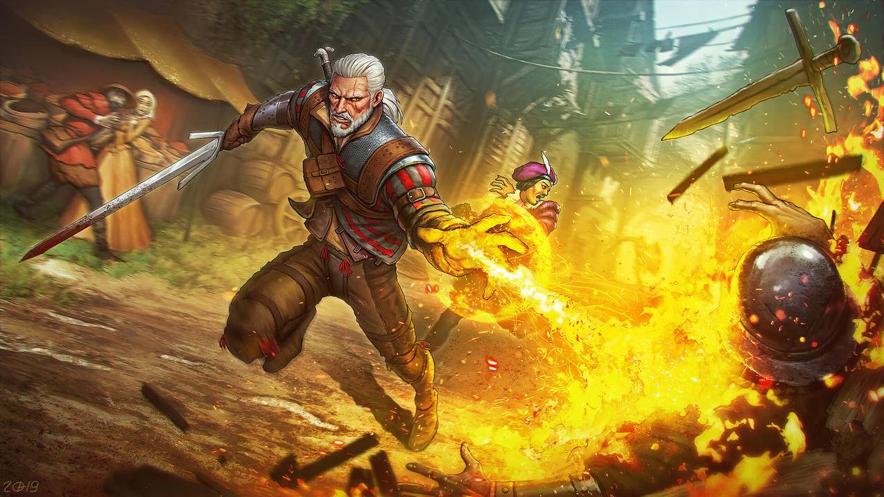 《巫师3 The Witcher3》激战 白发男人 火 4K高清壁纸