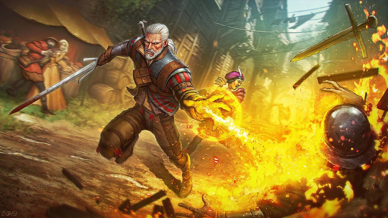 巫师3 The Witcher3 激战 白发男人 火 4K高清壁纸