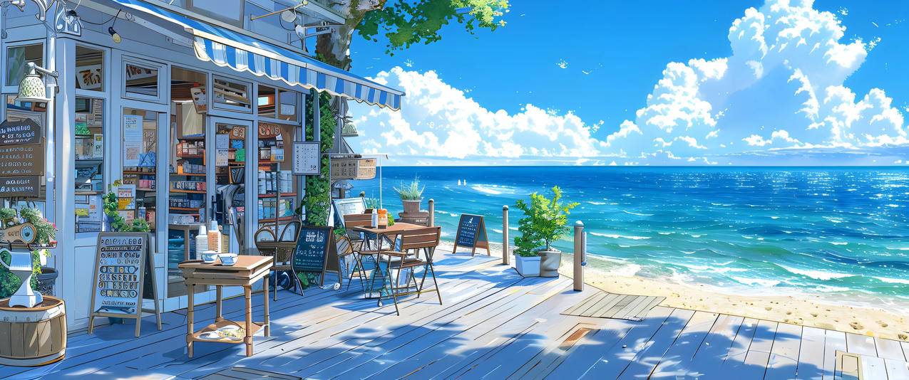 海边小店风景3440x1440带鱼屏壁纸