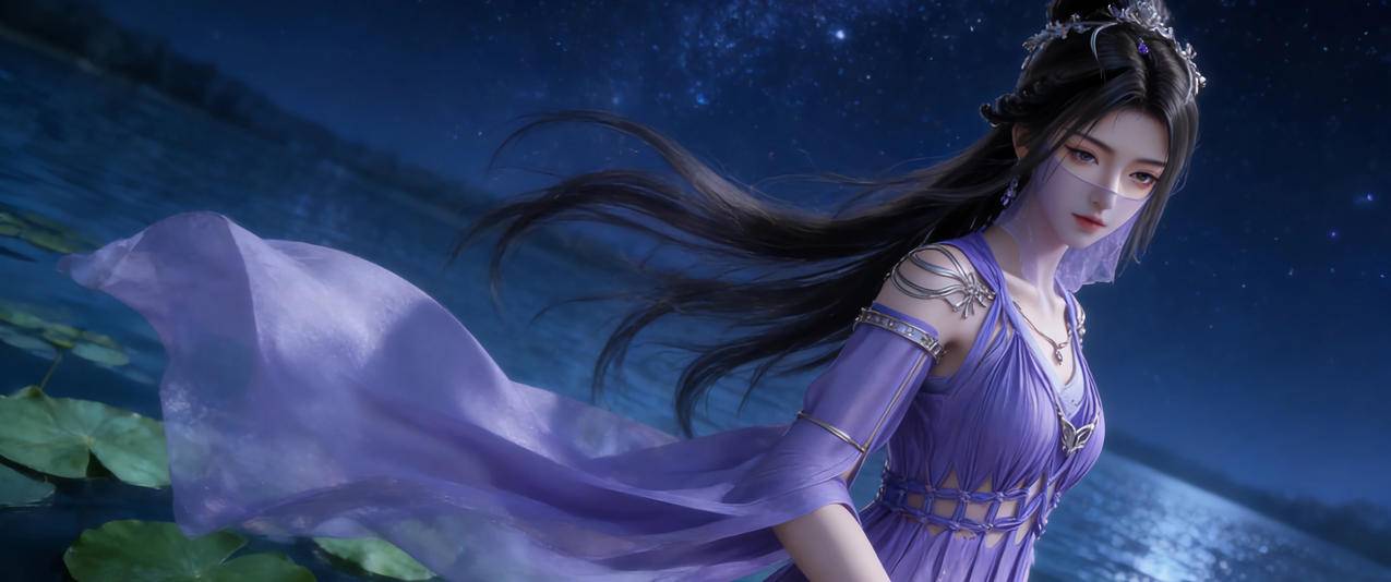 星空 荷塘 紫灵3440x1440带鱼屏壁纸
