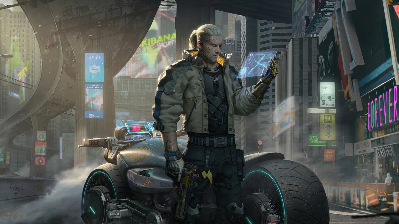 赛博朋克2077Cyberpunk 2077 机车 光屏 枪 城市 4K高清壁纸