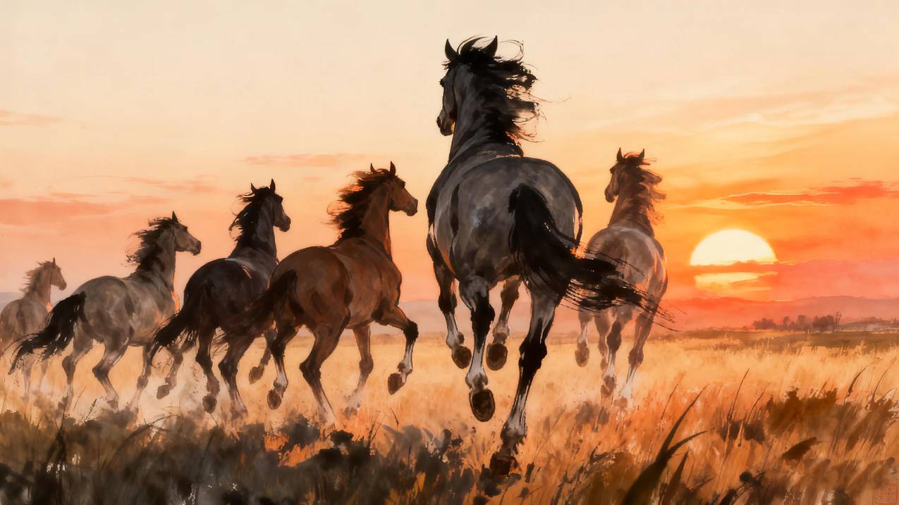 草原黄昏 奔跑的骏马 马的背影图4k壁纸