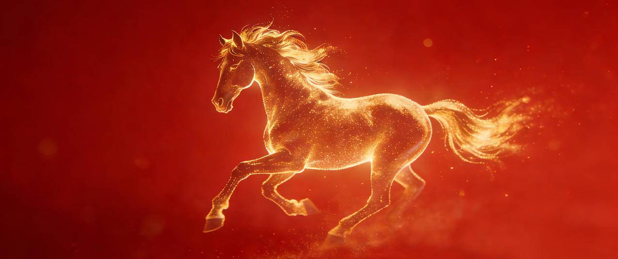 金色骏马 新年红色背景 3440x1440带鱼屏马年壁纸免费高清