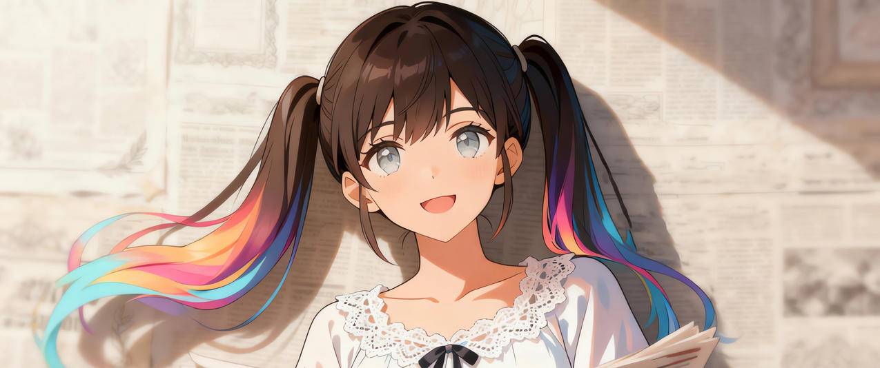 报纸墙 可爱双马尾辫女孩 光影3440x1440带鱼屏壁纸