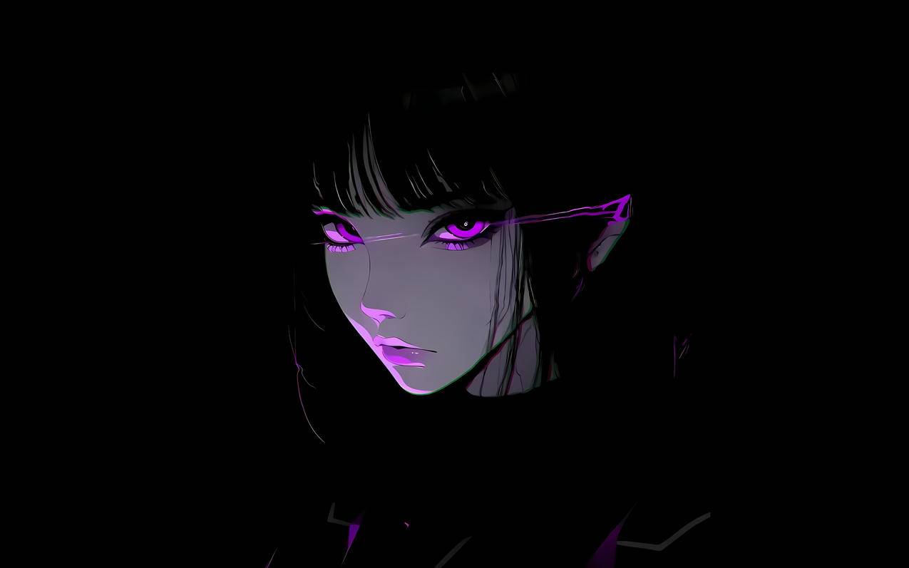 暗黑 简约 紫色眼睛动漫女孩 4K壁纸 3840x2400
