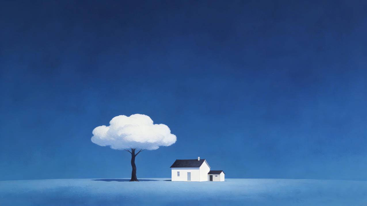 蓝色背景 小树和小房子 绘画 简单风景4k壁纸