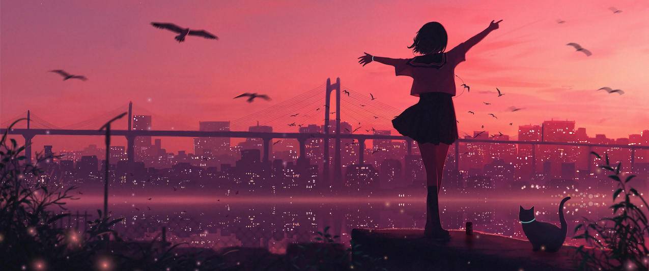 黄昏 少女背影 眺望 城市 3440x1440带鱼屏动漫壁纸