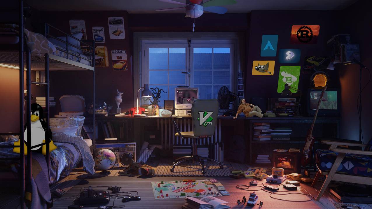 复古电竞卧室 企鹅 游戏风 暗黑 4K高清壁纸3840x2160