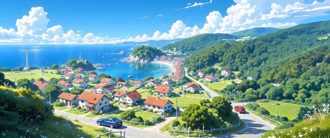 治愈系风景 海边小镇3440x1440带鱼屏壁纸