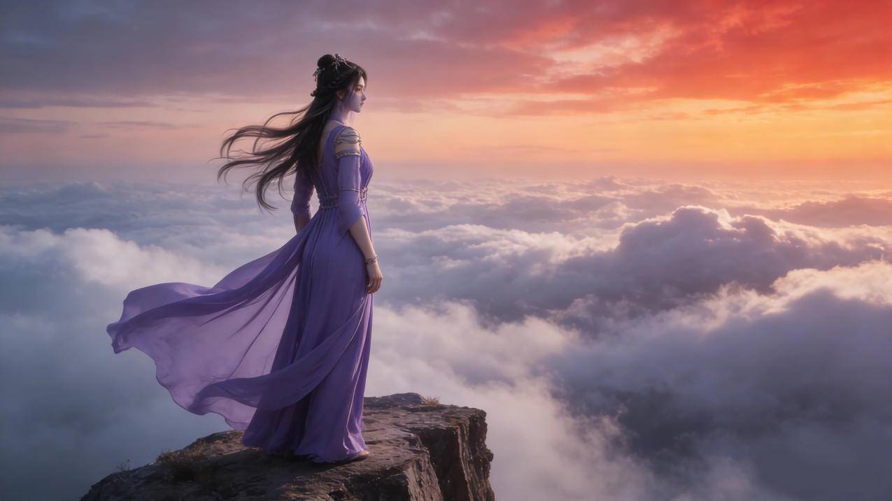 山顶 云海 仙气美女 紫色裙子紫灵4K壁纸