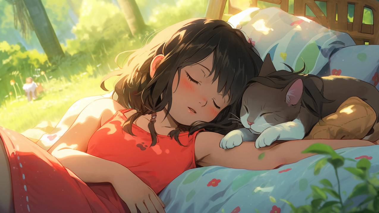 动漫女孩 猫 睡觉 阳光 4k壁纸 3840x2160