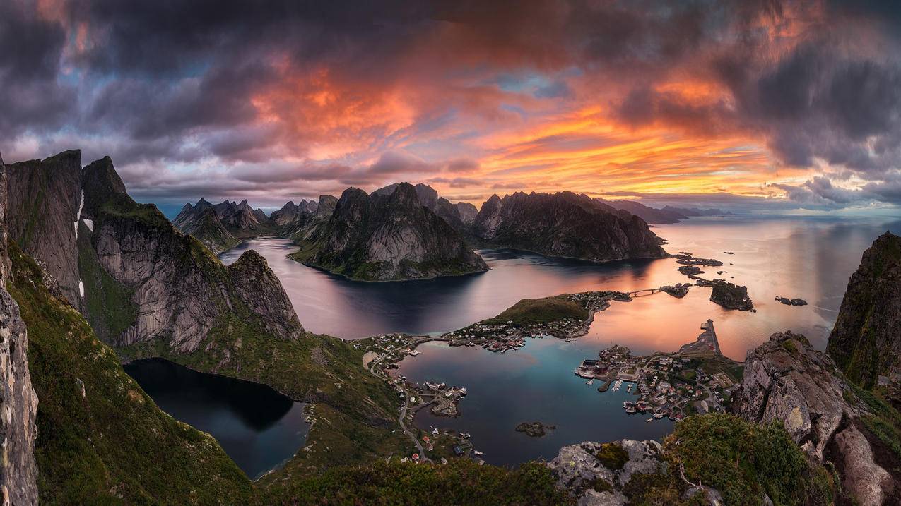 挪威峡湾 山峰 湖水 晚霞 风景 4k电脑壁纸