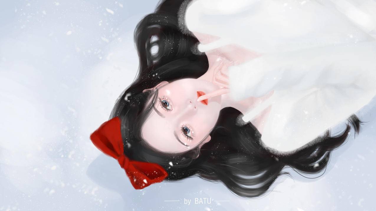 原创 巴图BATU 雪地 蝴蝶结 女孩 厚涂 4K高清壁纸