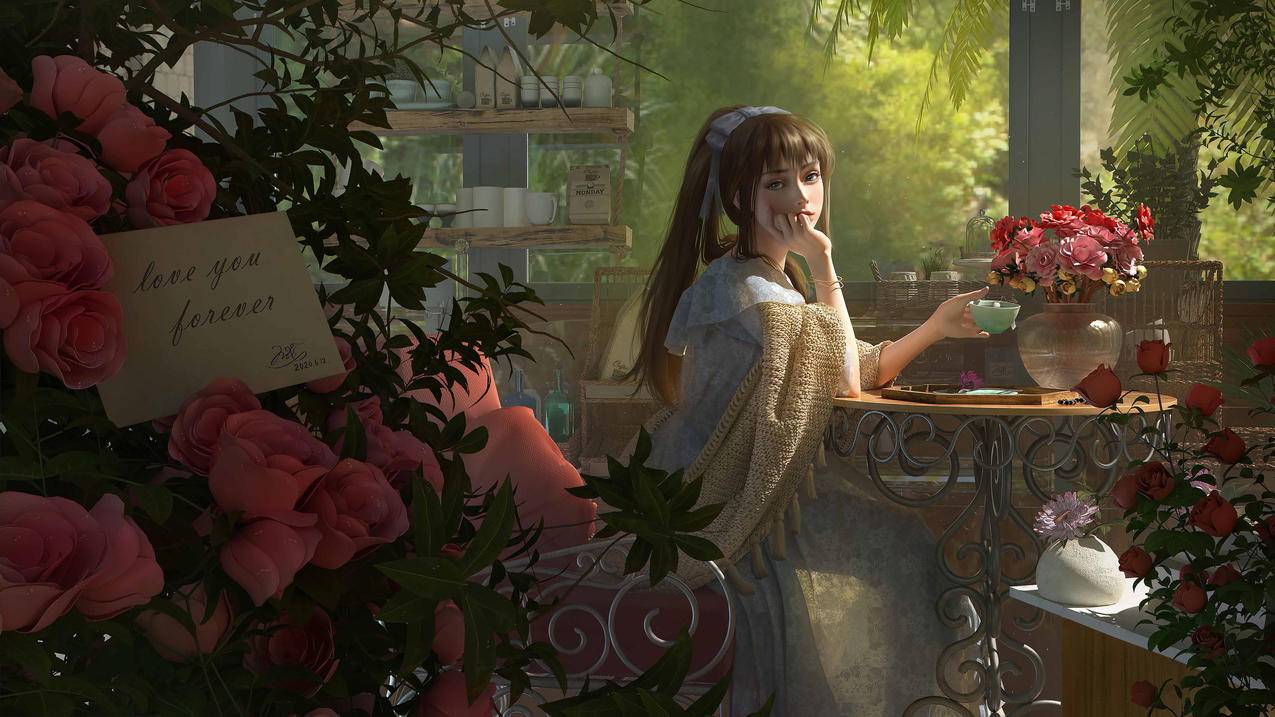 玫瑰花园 阳光 茶桌 女孩 披肩 3D 4K高清动漫壁纸