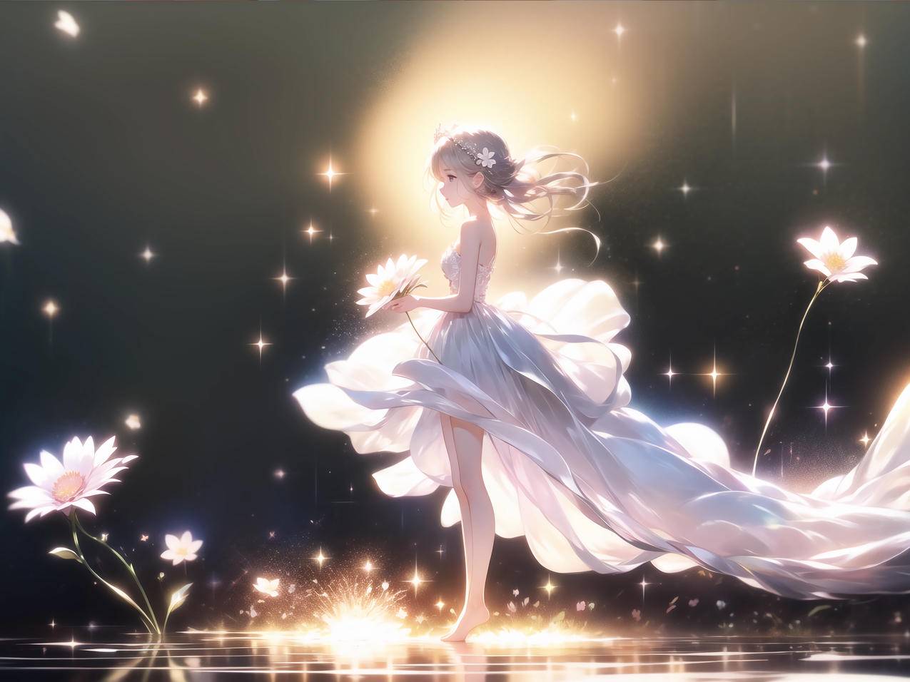 小女孩 白色长裙子 花 星光 动漫平板壁纸