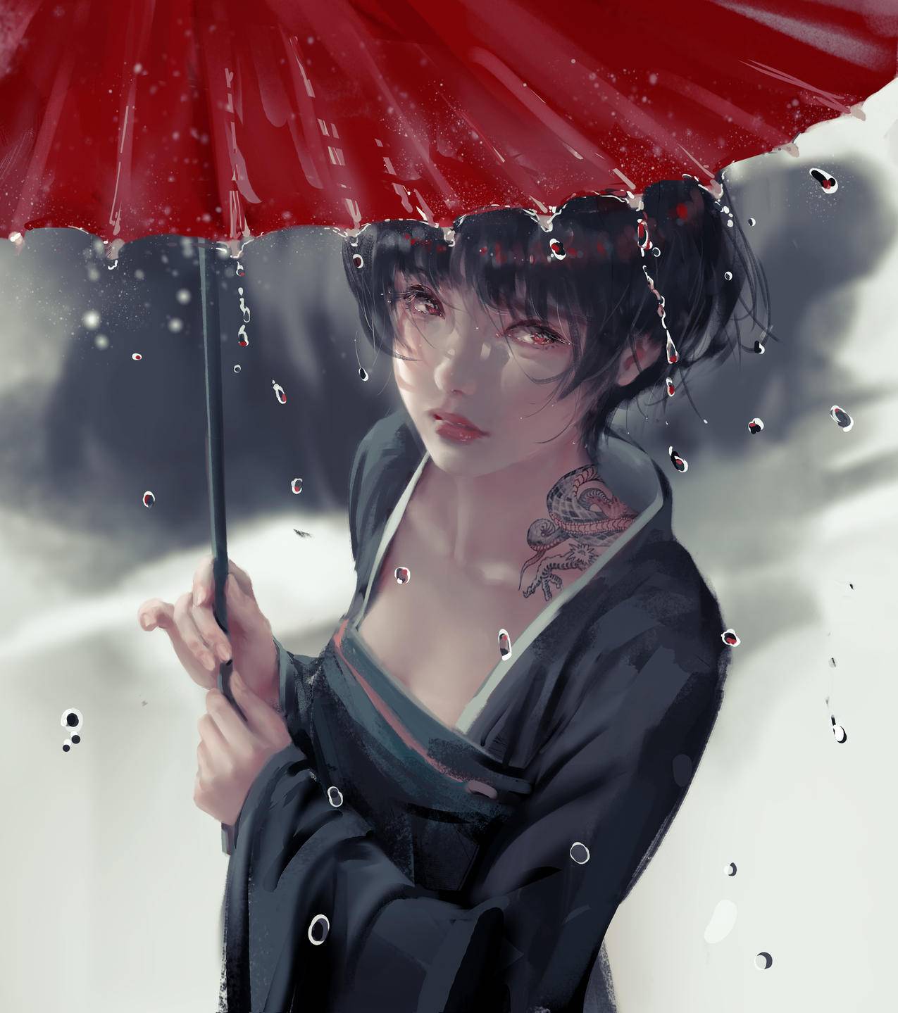 小绿 雪 红色油纸伞 4K高清唯美动漫壁纸