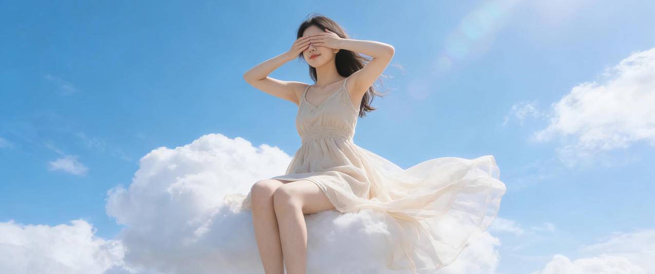 蓝天 坐在云上的可爱美女 漂亮长裙 双手蒙眼3440x1440带鱼屏壁纸