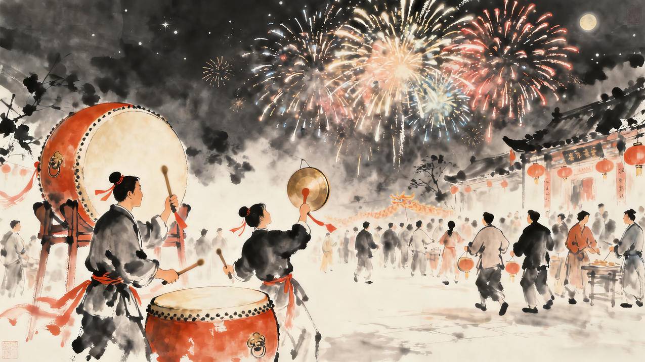 2026新年 烟花 舞龙 敲锣打鼓 喜庆 水墨风4k壁纸