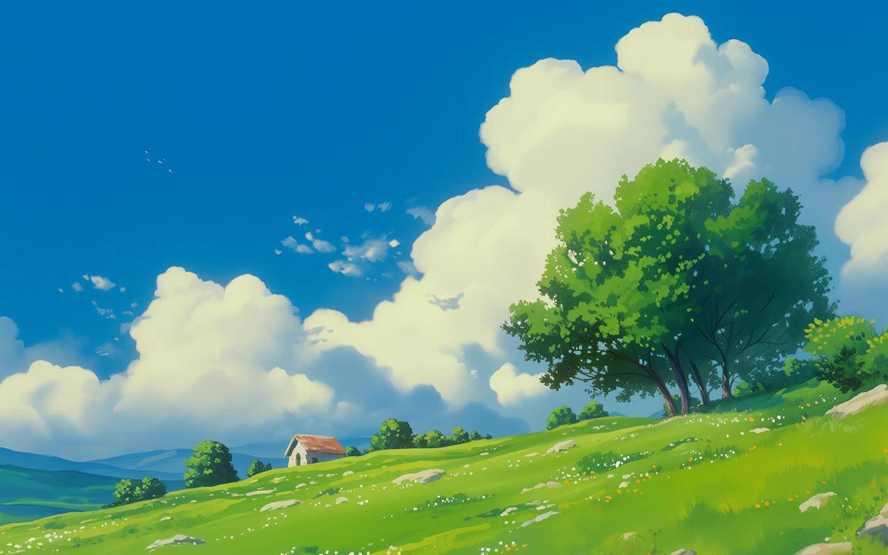 蓝天白云 山 树 房子 绿色草地 鲜花 2560*1600高清风景壁纸