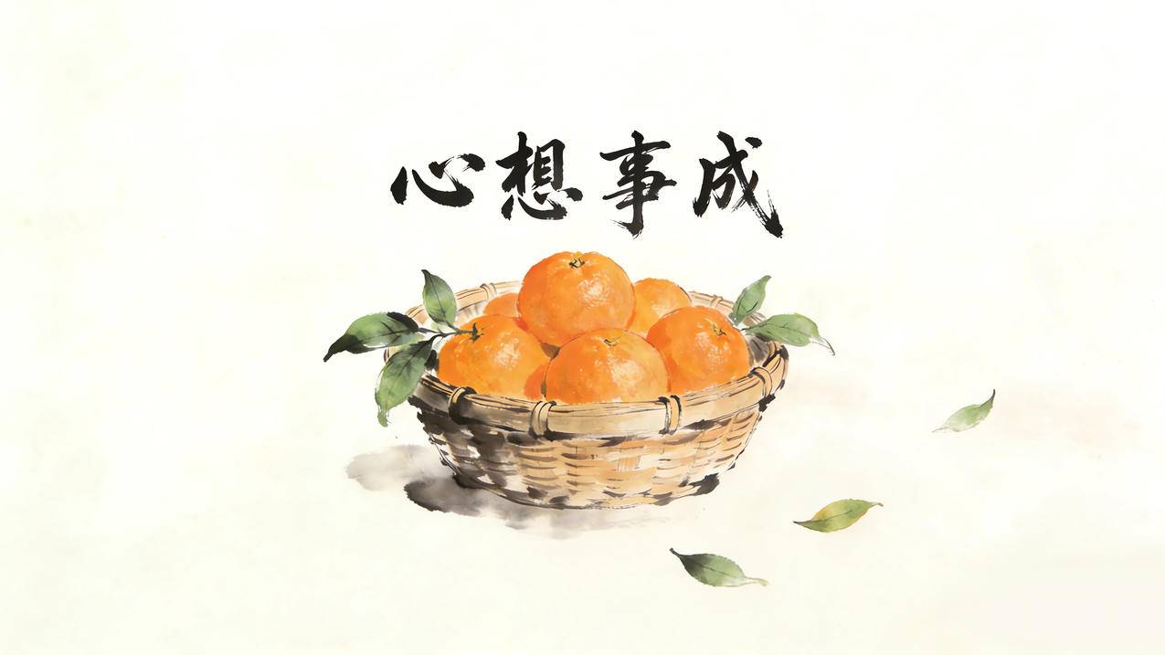 心想事成 一篮橙子 水墨风 4K电脑壁纸3840x2160