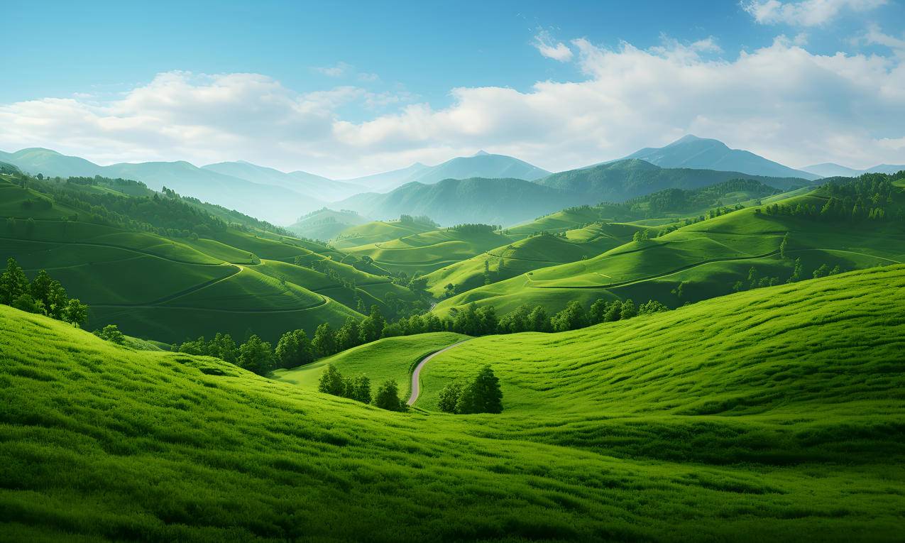 绿色草地 山丘 蓝天白云 远山青山 4K风景壁纸
