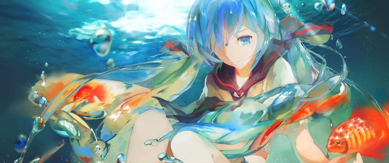 初音未来VOCALOID水下金鱼唯美带鱼屏壁纸