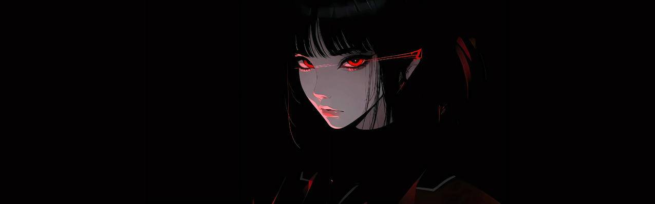 红色眼睛冷艳美女 暗黑色背景 5120x1600高清超宽屏壁纸