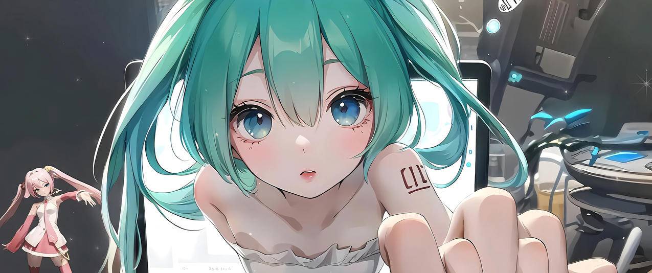 初音未来 穿出电脑屏幕 手紧握手 3440x1440带鱼屏壁纸
