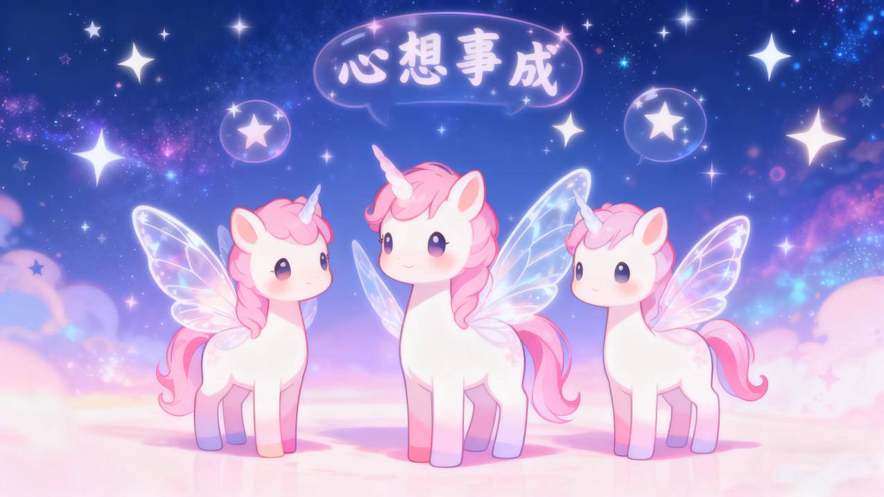 2026年 心想事成 三只可爱小马 翅膀 独角兽 4k壁纸