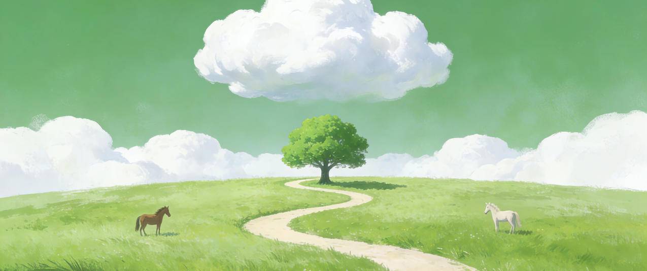 绿色天空 云朵 草地 马儿 弯曲小路 小树 小清新风景3440x1440带鱼屏壁纸